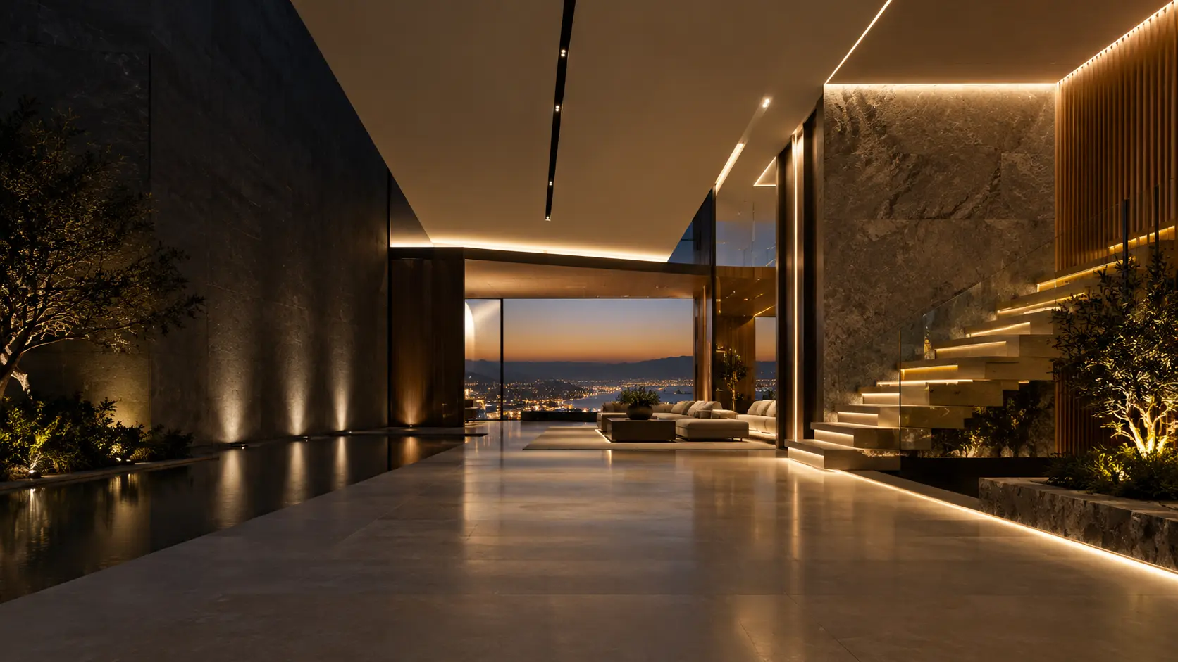 Ambiente de alto padrão com iluminação arquitetural linear, indireta e decorativa