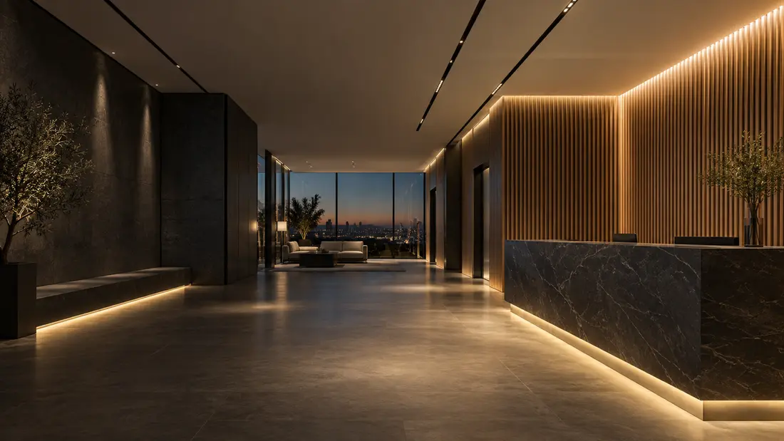 Ambiente de alto padrão com trilhos, perfis lineares e iluminação indireta integrados à arquitetura